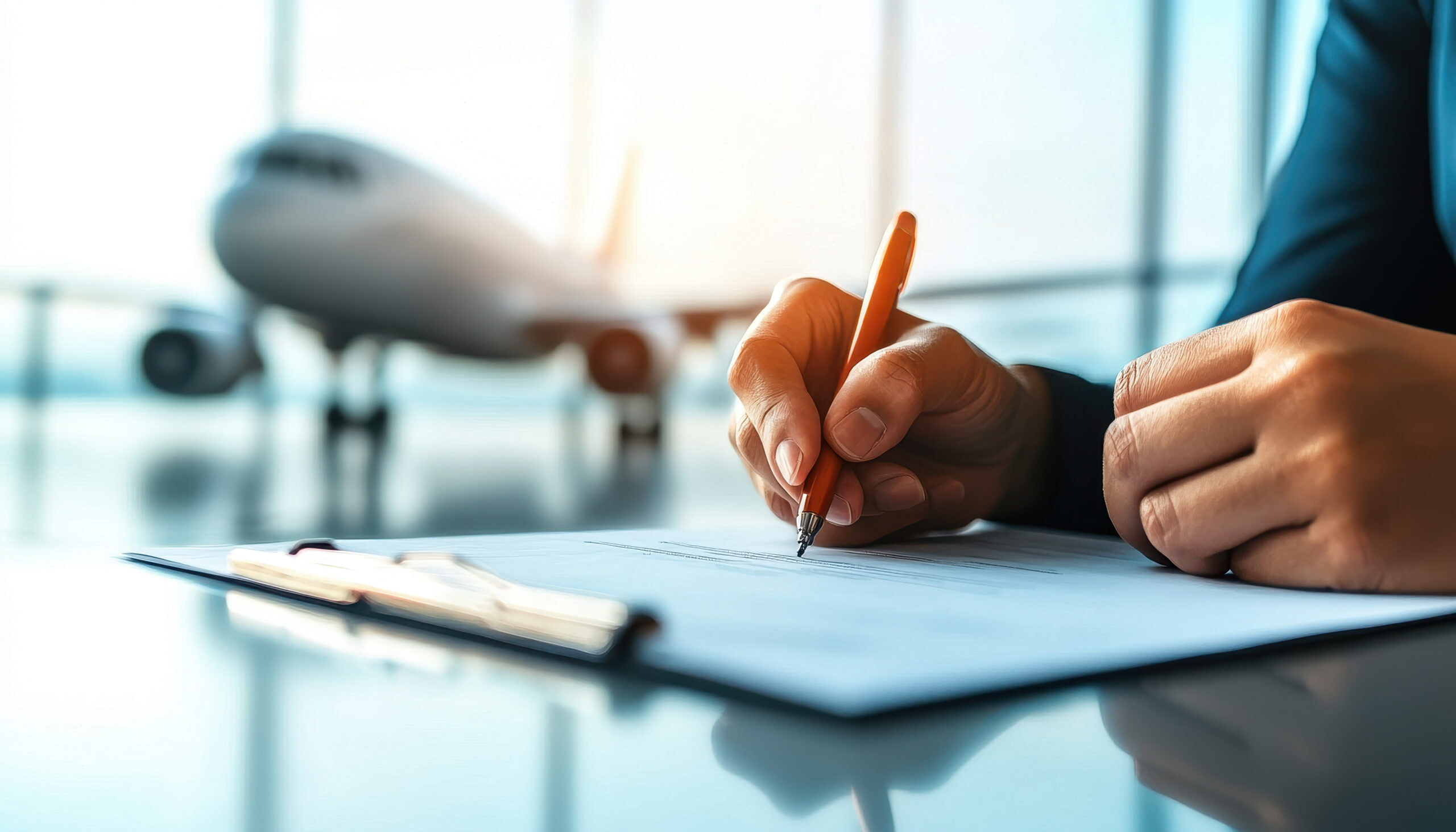 person is signing aeroplane insurance document in office with view of aircraft in background, reflecting professional atmosphere and commitment to safety Aircraft Financing