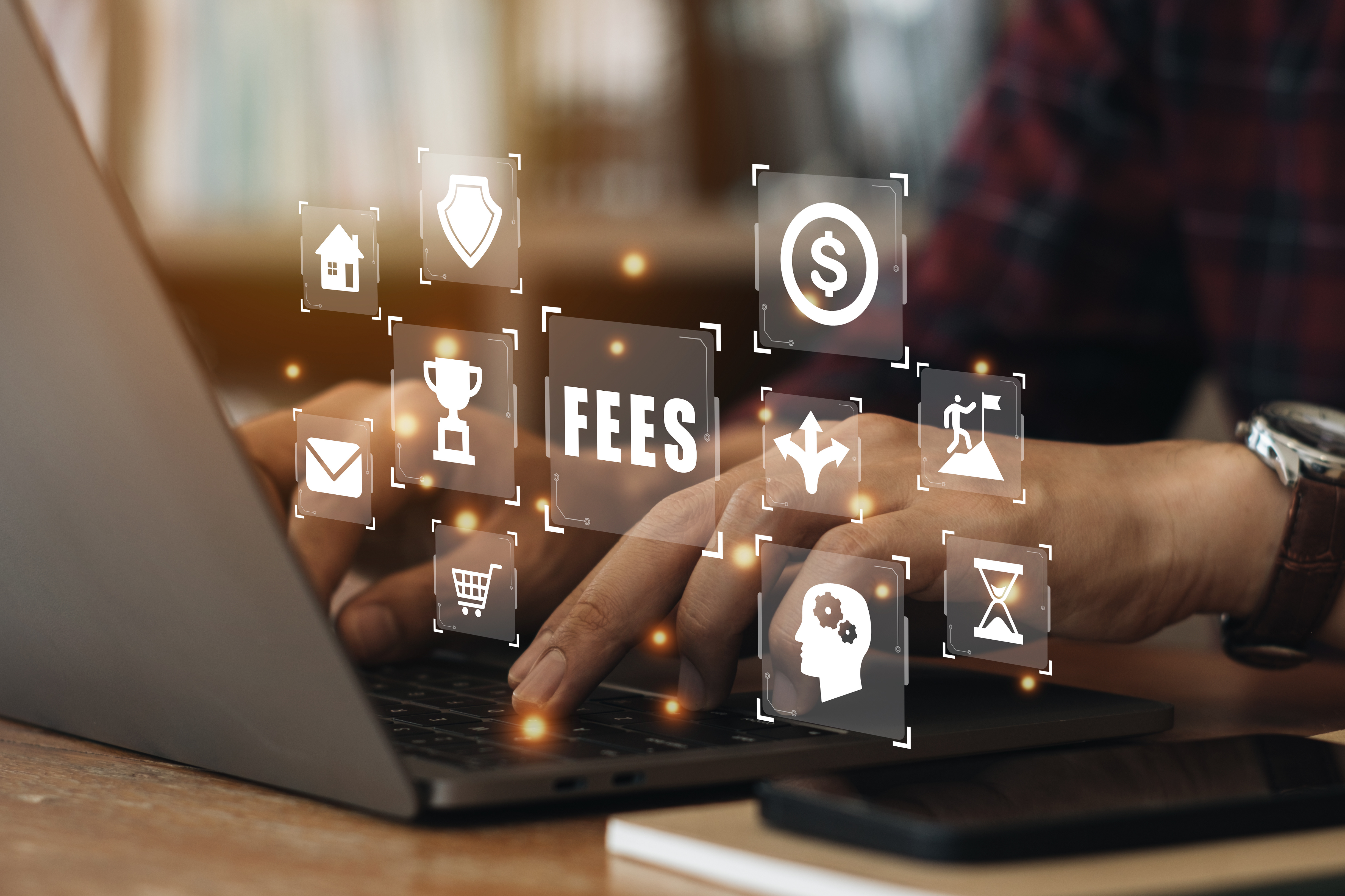 Businessman using a computer to Fees Financial Technology. Virtual screen of future and touches icon fees with dollar. Business hidden money, service fee and tax concept. Aircraft Financing