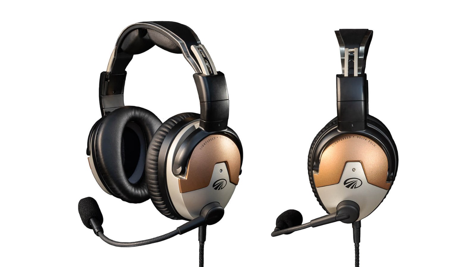 Lightspeed Delta Zulu aviation headset with built-in carbon monoxide detection, three-quarter and side views