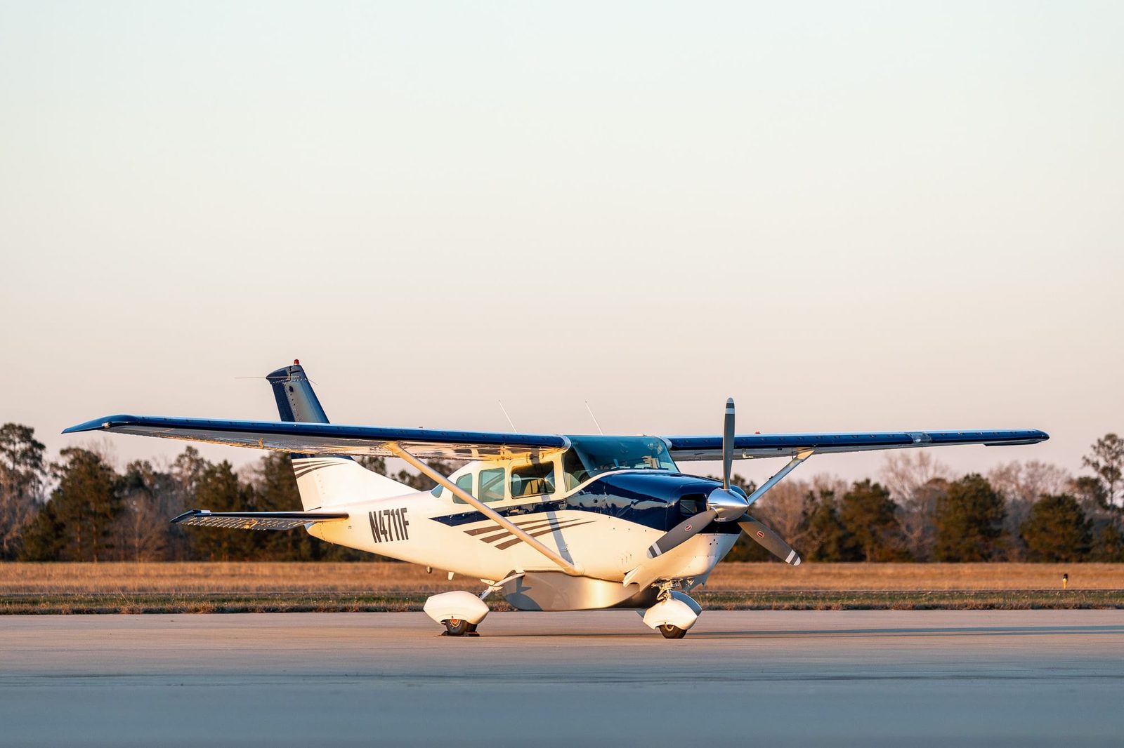 Cessna 206 Stationair on the ramp at sunset